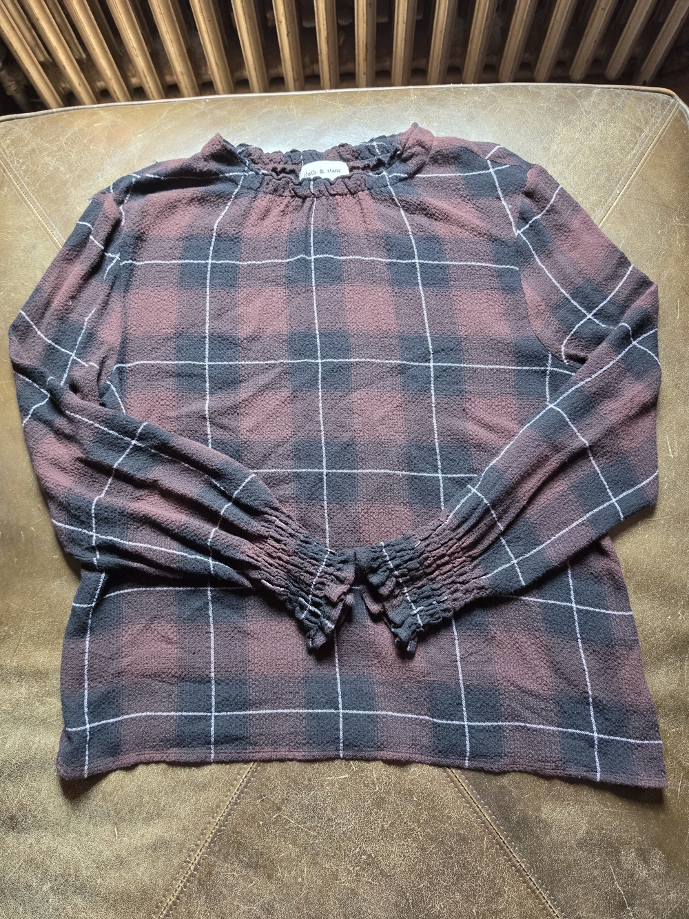 cloth & stone Burgundy and Black Plaid Smocked Cuff Blouse
